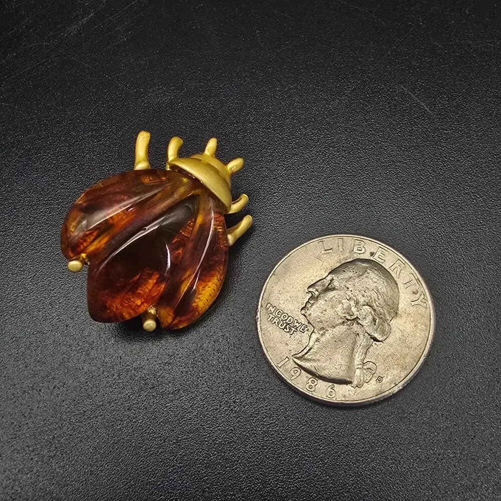 Faux Tortoise Shell Insect Bug Brooch Gold Tone Vintage Costume Jewelry